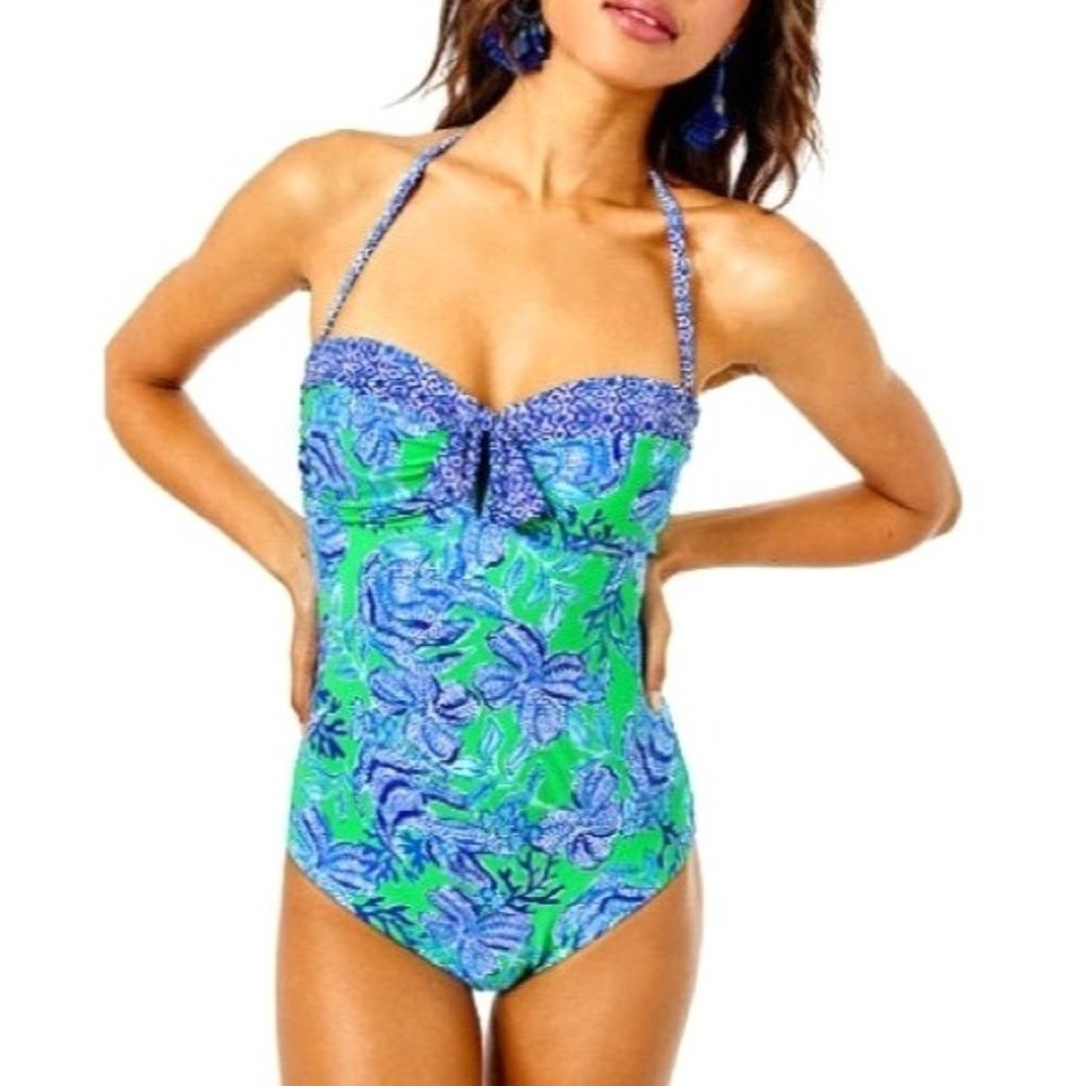 Lilly Pulitzer Blue And Green Cabana Green Keepin It Reel Jagger Swimsuit 10